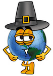 Clip Art Graphic of a World Globe Cartoon Character Wearing a Pilgrim Hat on Thanksgiving
