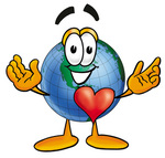 Clip Art Graphic of a World Globe Cartoon Character With His Heart Beating Out of His Chest