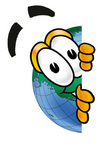 Clip Art Graphic of a World Globe Cartoon Character Peeking Around a Corner