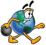 Clip Art Graphic of a World Globe Cartoon Character Holding a Bowling Ball