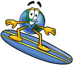 Clip Art Graphic of a World Globe Cartoon Character Surfing on a Blue and Yellow Surfboard