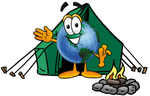 Clip Art Graphic of a World Globe Cartoon Character Camping With a Tent and Fire