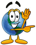 Clip Art Graphic of a World Globe Cartoon Character Waving and Pointing