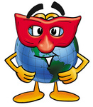 Clip Art Graphic of a World Globe Cartoon Character Wearing a Red Mask Over His Face