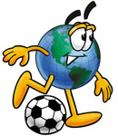 Clip Art Graphic of a World Globe Cartoon Character Kicking a Soccer Ball