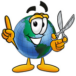 Clip Art Graphic of a World Globe Cartoon Character Holding a Pair of Scissors