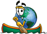 Clip Art Graphic of a World Globe Cartoon Character Rowing a Boat
