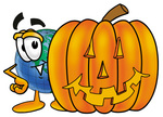 Clip Art Graphic of a World Globe Cartoon Character With a Carved Halloween Pumpkin