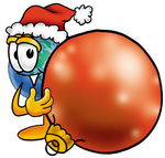 Clip Art Graphic of a World Globe Cartoon Character Wearing a Santa Hat, Standing With a Christmas Bauble
