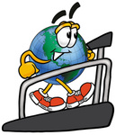 Clip Art Graphic of a World Globe Cartoon Character Walking on a Treadmill in a Fitness Gym