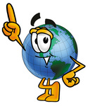 Clip Art Graphic of a World Globe Cartoon Character Pointing Upwards