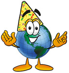 Clip Art Graphic of a World Globe Cartoon Character Wearing a Birthday Party Hat