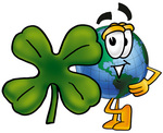 Clip Art Graphic of a World Globe Cartoon Character With a Green Four Leaf Clover on St Paddy’s or St Patricks Day