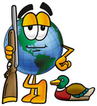 Clip Art Graphic of a World Globe Cartoon Character Duck Hunting, Standing With a Rifle and Duck
