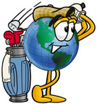 Clip Art Graphic of a World Globe Cartoon Character Swinging His Golf Club While Golfing