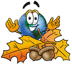 Clip Art Graphic of a World Globe Cartoon Character With Autumn Leaves and Acorns in the Fall