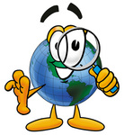 Clip Art Graphic of a World Globe Cartoon Character Looking Through a Magnifying Glass