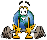 Clip Art Graphic of a World Globe Cartoon Character Lifting a Heavy Barbell