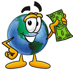 Clip Art Graphic of a World Globe Cartoon Character Holding a Dollar Bill