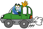 Clip Art Graphic of a World Globe Cartoon Character Driving a Green Hybrid Car and Waving