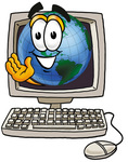 Clip Art Graphic of a World Globe Cartoon Character Waving From Inside a Computer Screen