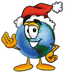 Clip Art Graphic of a World Globe Cartoon Character Wearing a Santa Hat and Waving