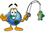 Clip Art Graphic of a World Globe Cartoon Character Holding a Fish on a Fishing Pole