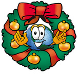 Clip Art Graphic of a World Globe Cartoon Character in the Center of a Christmas Wreath
