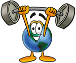 Clip Art Graphic of a World Globe Cartoon Character Holding a Heavy Barbell Above His Head