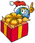 Clip Art Graphic of a World Globe Cartoon Character Standing by a Christmas Present