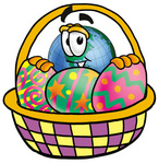 Clip Art Graphic of a World Globe Cartoon Character in an Easter Basket Full of Decorated Easter Eggs
