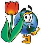 Clip Art Graphic of a World Globe Cartoon Character With a Red Tulip Flower in the Spring