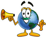 Clip Art Graphic of a World Globe Cartoon Character Holding a Megaphone