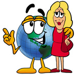 Clip Art Graphic of a World Globe Cartoon Character Talking to a Pretty Blond Woman