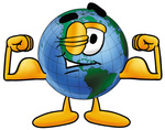 Clip Art Graphic of a World Globe Cartoon Character Flexing His Arm Muscles
