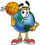 Clip Art Graphic of a World Globe Cartoon Character Spinning a Basketball on His Finger