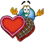 Clip Art Graphic of a World Globe Cartoon Character With an Open Box of Valentines Day Chocolate Candies