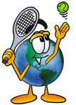 Clip Art Graphic of a World Globe Cartoon Character Preparing to Hit a Tennis Ball