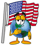 Clip Art Graphic of a World Globe Cartoon Character Pledging Allegiance to an American Flag