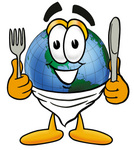 Clip Art Graphic of a World Globe Cartoon Character Holding a Knife and Fork