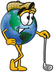 Clip Art Graphic of a World Globe Cartoon Character Leaning on a Golf Club While Golfing