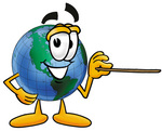 Clip Art Graphic of a World Globe Cartoon Character Holding a Pointer Stick