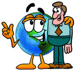 Clip Art Graphic of a World Globe Cartoon Character Talking to a Business Man