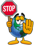 Clip Art Graphic of a World Globe Cartoon Character Holding a Stop Sign