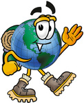 Clip Art Graphic of a World Globe Cartoon Character Hiking and Carrying a Backpack