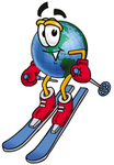 Clip Art Graphic of a World Globe Cartoon Character Skiing Downhill