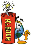 Clip Art Graphic of a World Globe Cartoon Character Standing With a Lit Stick of Dynamite