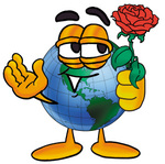 Clip Art Graphic of a World Globe Cartoon Character Holding a Red Rose on Valentines Day