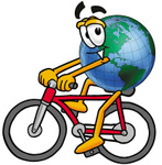 Clip Art Graphic of a World Globe Cartoon Character Riding a Bicycle