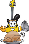 Clip Art Graphic of a Yellow Electric Guitar Cartoon Character Serving a Thanksgiving Turkey on a Platter